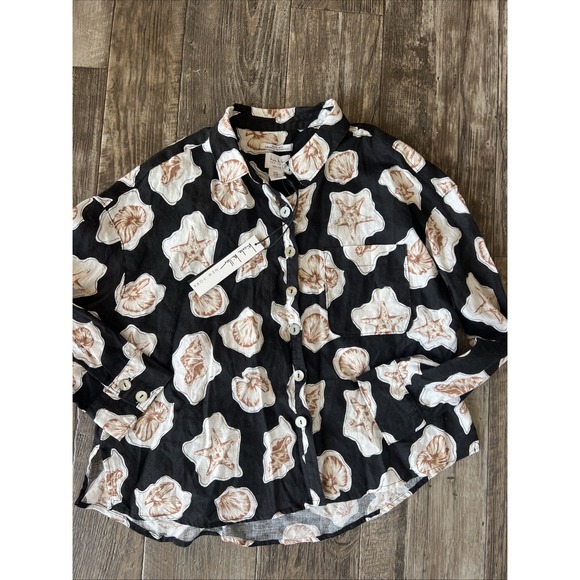 Nicole Miller 100% Linen Long Sleeve Button Up Seashell Print Black Size‎ Medium - Picture 1 of 7